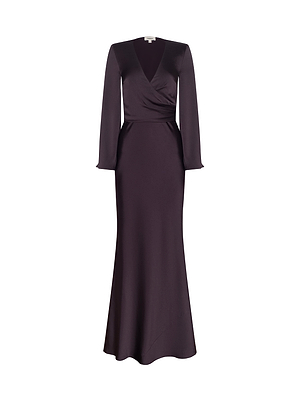The Manon Satin Gown by L'AGENCE is a long, deep purple dress with long sleeves, a wrap neckline, and a fitted waist in a floor-sweeping silhouette, shown on a white background.