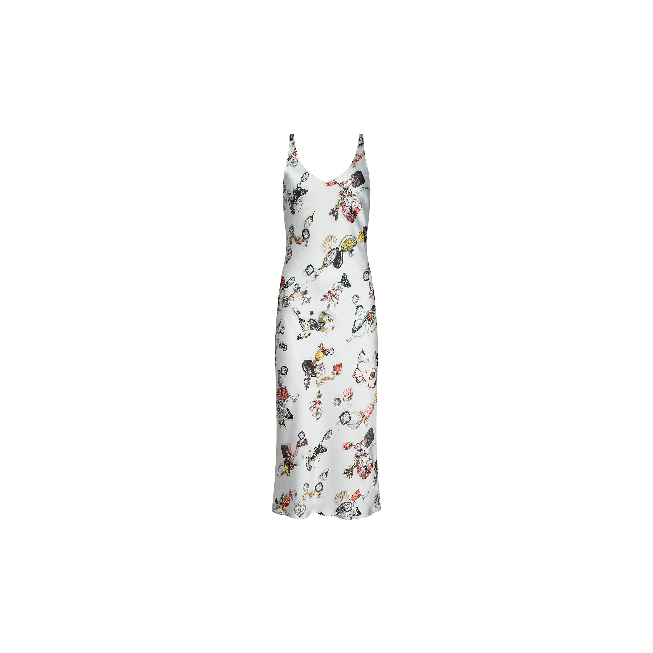 The Anika Slip Dress is a white sleeveless slip dress with thin straps, featuring a butterfly lock print pattern on the fabric.
