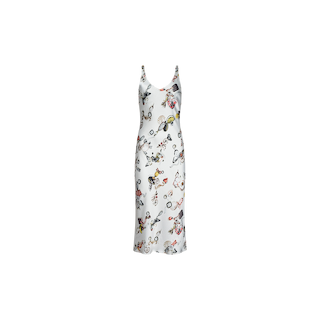 Anika Slip Dress – a white bias-cut satin midi slip dress with thin straps, featuring a vibrant butterfly print scattered across the fabric, displayed on a plain white background.