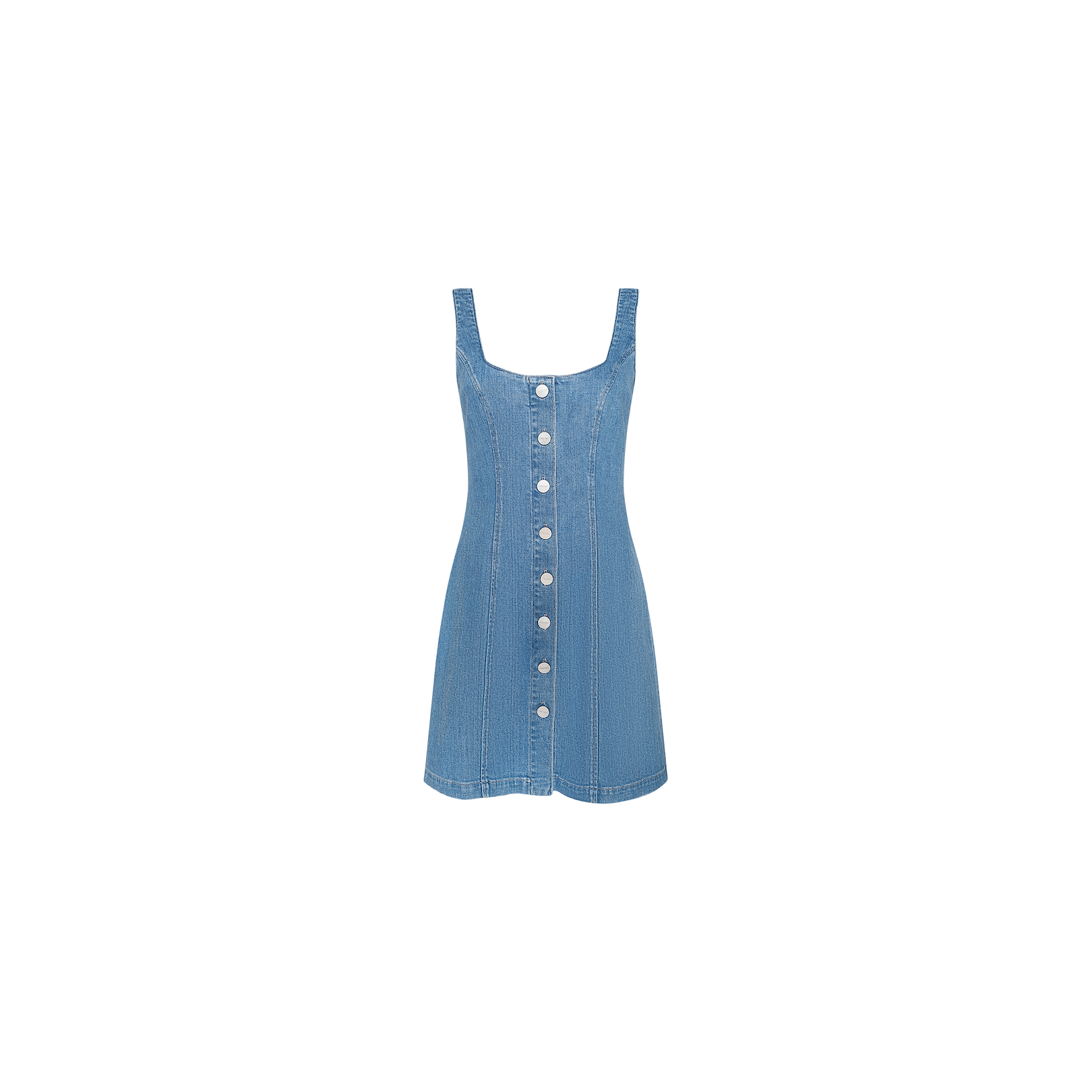The Maris Mini Dress is a sleeveless, blue stretch denim a-line mini dress featuring a square neckline and white buttons down the front, showcased against a plain white background.