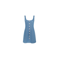 The Maris Mini Dress is a sleeveless, blue stretch denim a-line mini dress featuring a square neckline and white buttons down the front, showcased against a plain white background.