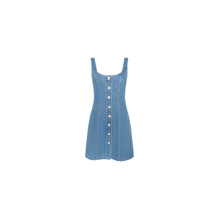 The Maris Mini Dress is a sleeveless, blue stretch denim a-line mini dress featuring a square neckline and white buttons down the front, showcased against a plain white background.