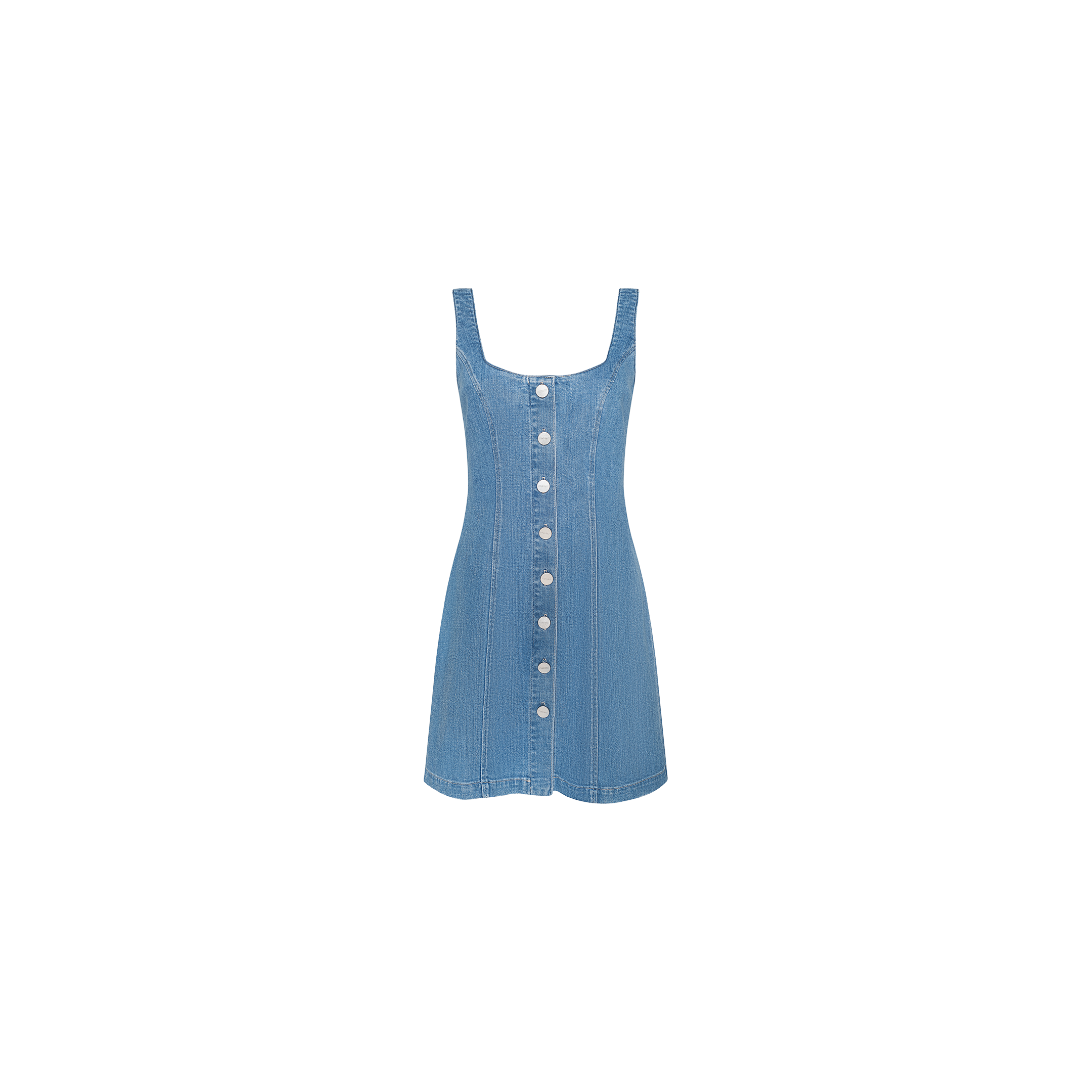 The Maris Mini Dress is a sleeveless, blue stretch denim a-line mini dress featuring a square neckline and white buttons down the front, showcased against a plain white background.