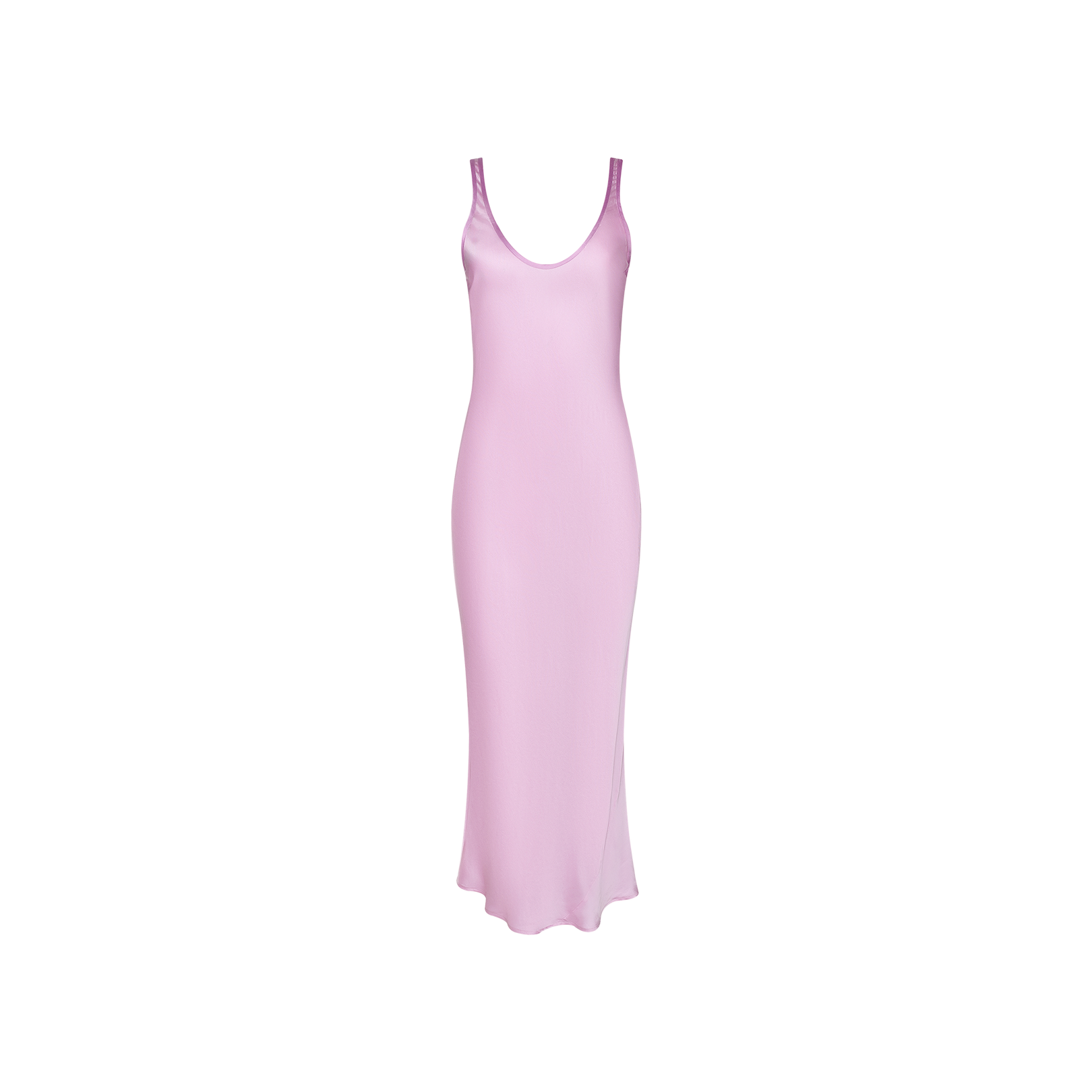 Akiya Satin Maxi Dress—an elegant, sleeveless, light pink bias-cut satin dress with a scoop neckline and ankle-length hem, displayed on a plain white background; a timeless staple for any capsule collection.
