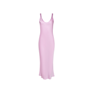 Akiya Satin Maxi Dress—an elegant, sleeveless, light pink bias-cut satin dress with a scoop neckline and ankle-length hem, displayed on a plain white background; a timeless staple for any capsule collection.