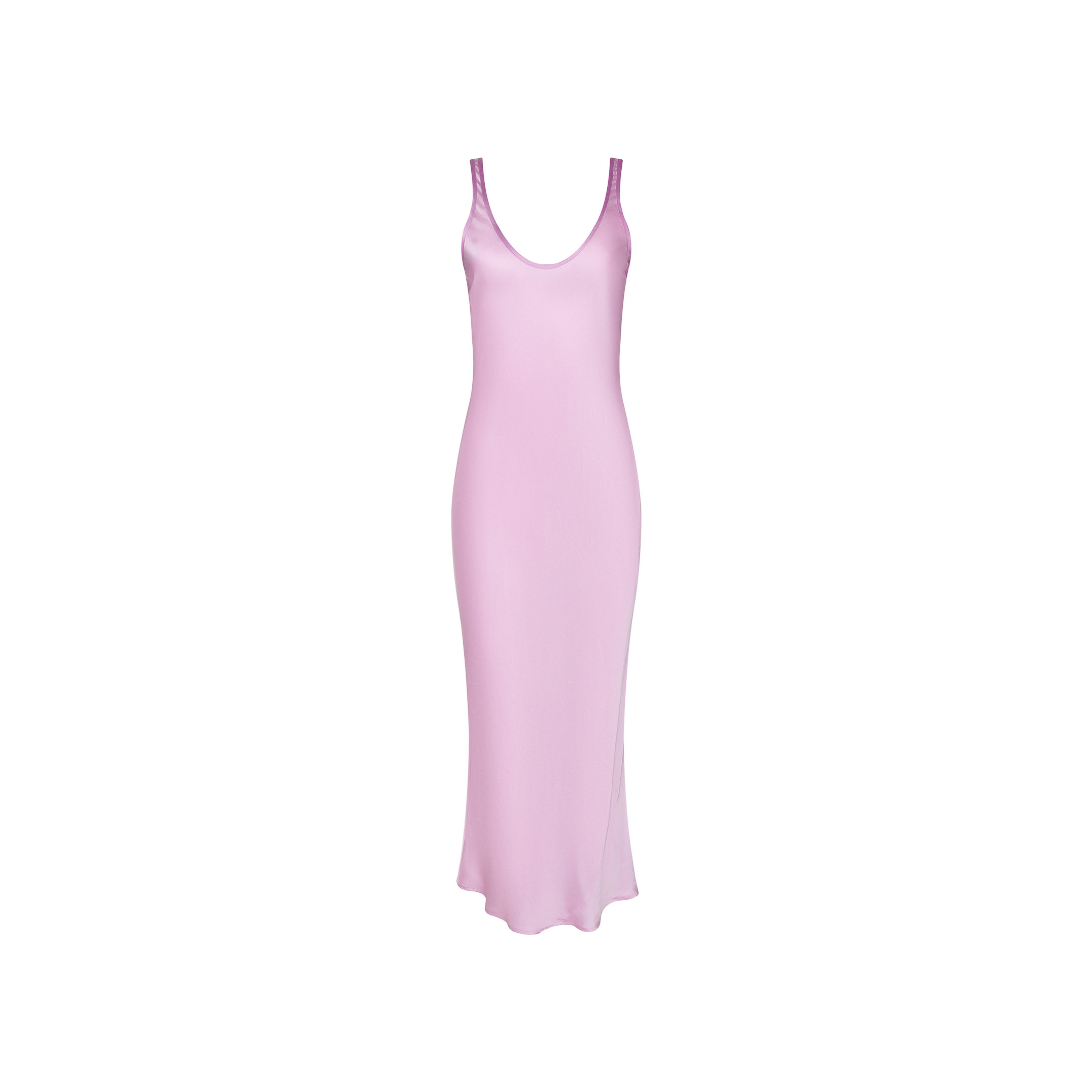 Akiya Satin Maxi Dress—an elegant, sleeveless, light pink bias-cut satin dress with a scoop neckline and ankle-length hem, displayed on a plain white background; a timeless staple for any capsule collection.