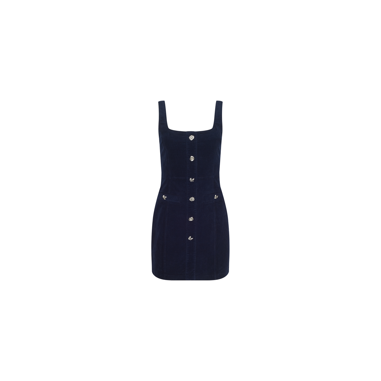 The Vynna Corduroy Dress by L’AGENCE is a sleeveless, stretch navy corduroy A-line mini dress with a square neckline, front button closure, two front pockets, and silver buttons, shown against a plain white background.