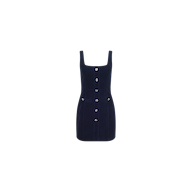 The Vynna Corduroy Dress by L’AGENCE is a sleeveless, stretch navy corduroy A-line mini dress with a square neckline, front button closure, two front pockets, and silver buttons, shown against a plain white background.