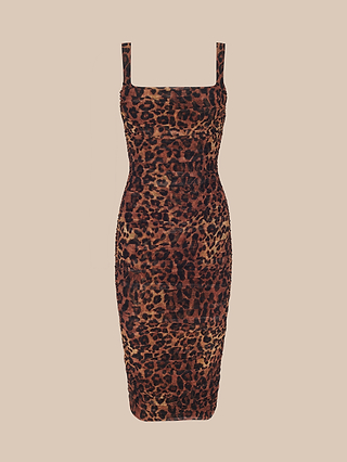 Introducing the Anya Shirred Dress: a sleeveless, knee-length bodycon dress with a square neckline, showcasing a bold brown and black leopard print pattern. This form-fitting style is photographed against a plain beige background.