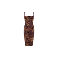 Anya Shirred Dress: A sleeveless, knee-length form-fitting midi dress in a brown and black leopard print, displayed on a plain white background.