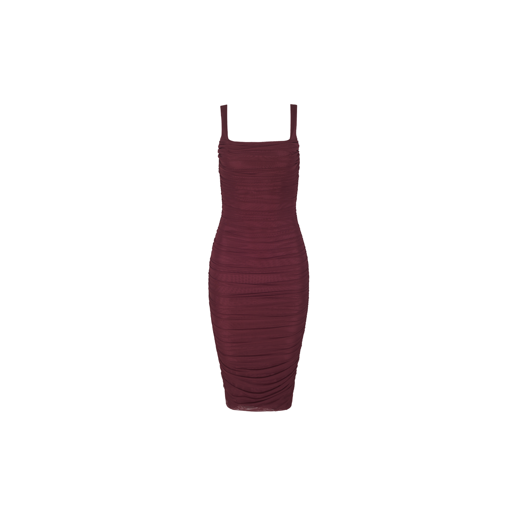 The Anya Shirred Dress is a sleeveless, fitted mesh midi dress in merlot red featuring shirred detailing throughout, shown on a plain white background.