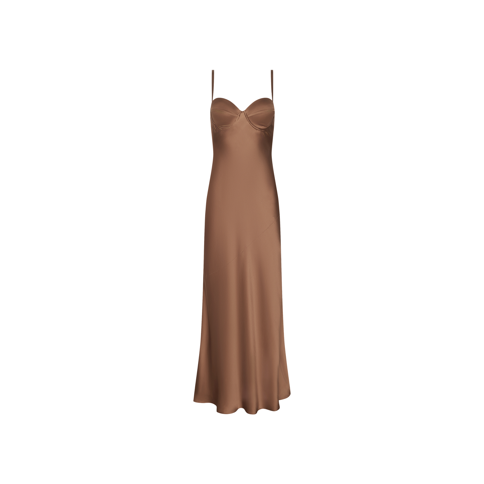 Sayla Silk Gown in rich brown satin features thin spaghetti straps and a subtly flared hem, displayed against a plain white background—a glamorous, event-ready dress inspired by timeless vintage elegance.