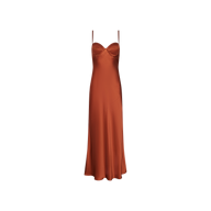 The Sayla Silk Gown, showcased against a plain white background, features a rust-hued satin finish with delicate spaghetti straps, a romantic sweetheart neckline, and a graceful midi-length hem—capturing vintage glamour and making it the perfect choice for any special occasion.