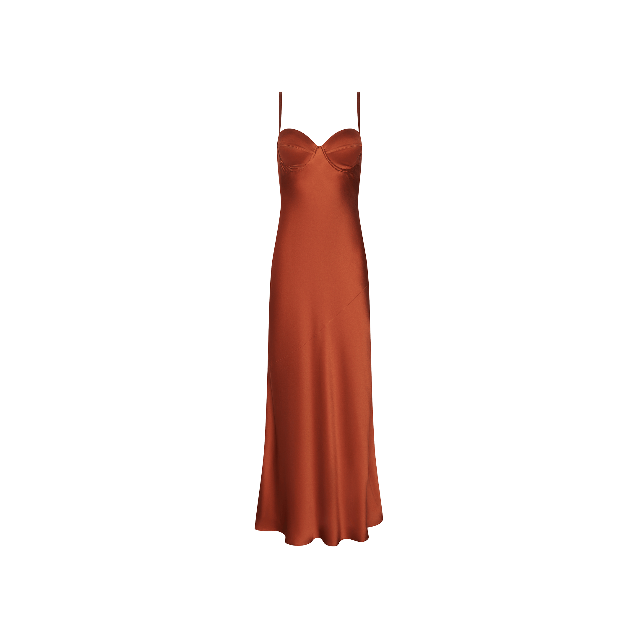The Sayla Silk Gown, showcased against a plain white background, features a rust-hued satin finish with delicate spaghetti straps, a romantic sweetheart neckline, and a graceful midi-length hem—capturing vintage glamour and making it the perfect choice for any special occasion.