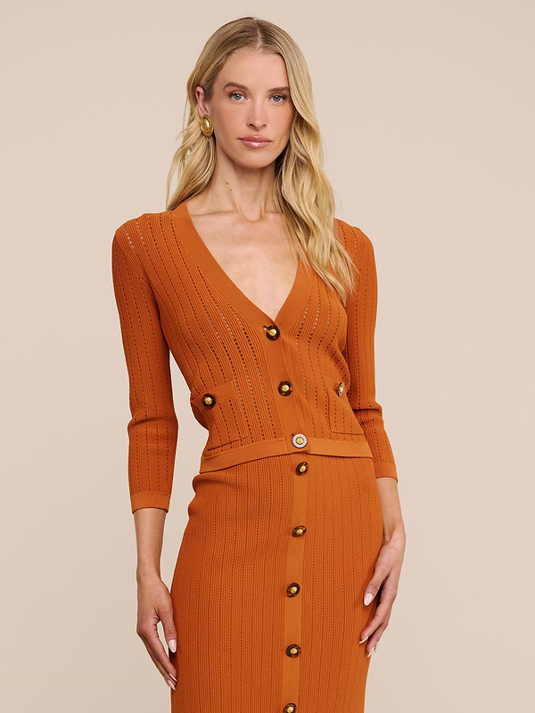 Eine Frau mit langen blonden Haaren trägt die Strickjacke „Irvin Pointelle Knit Cardigan“ – ein rostfarbenes Modell mit Knopfleiste und tiefem V-Ausschnitt –, die sie als leichtes Kleidungsstück über einem schlichten beigen Hintergrund trägt.