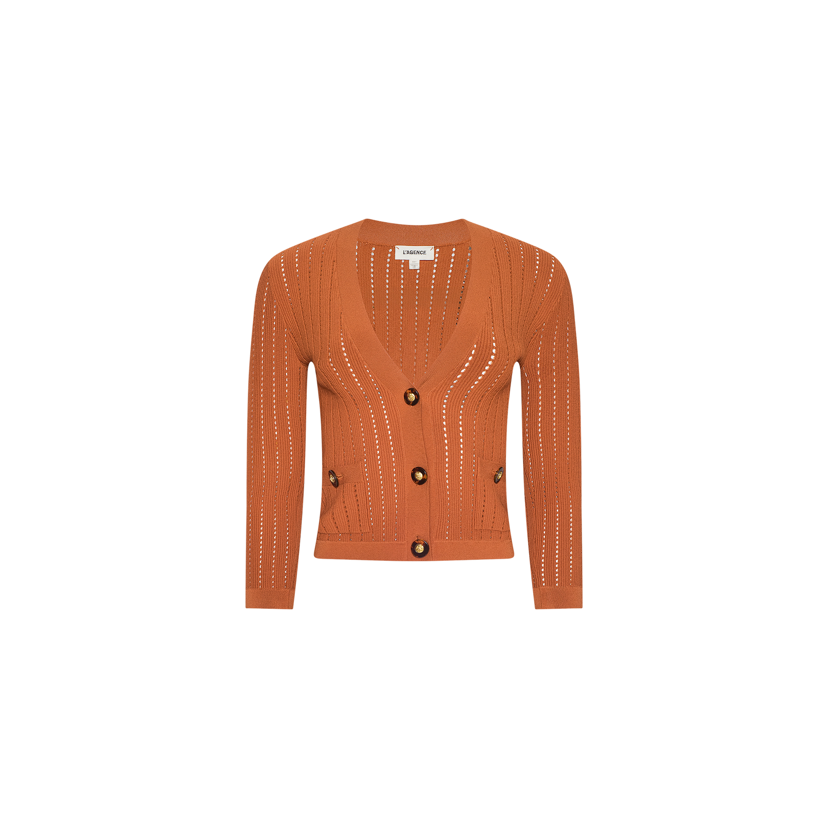 The Irvin Pointelle Knit Cardigan is a rust-orange, long-sleeve, V-neck cardigan featuring vertical eyelet details and three large buttons down the front, displayed on a plain white background. This lightweight transitional layer is perfect for any season.