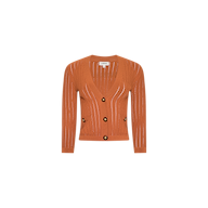 The Irvin Pointelle Knit Cardigan is a rust-orange, long-sleeve, V-neck cardigan featuring vertical eyelet details and three large buttons down the front, displayed on a plain white background. This lightweight transitional layer is perfect for any season.
