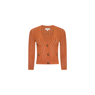 The Irvin Pointelle Knit Cardigan features an orange hue, a deep V-neck, long sleeves, three large buttons, and vertical perforated details, providing a lightweight transitional layer and shown against a plain white background.