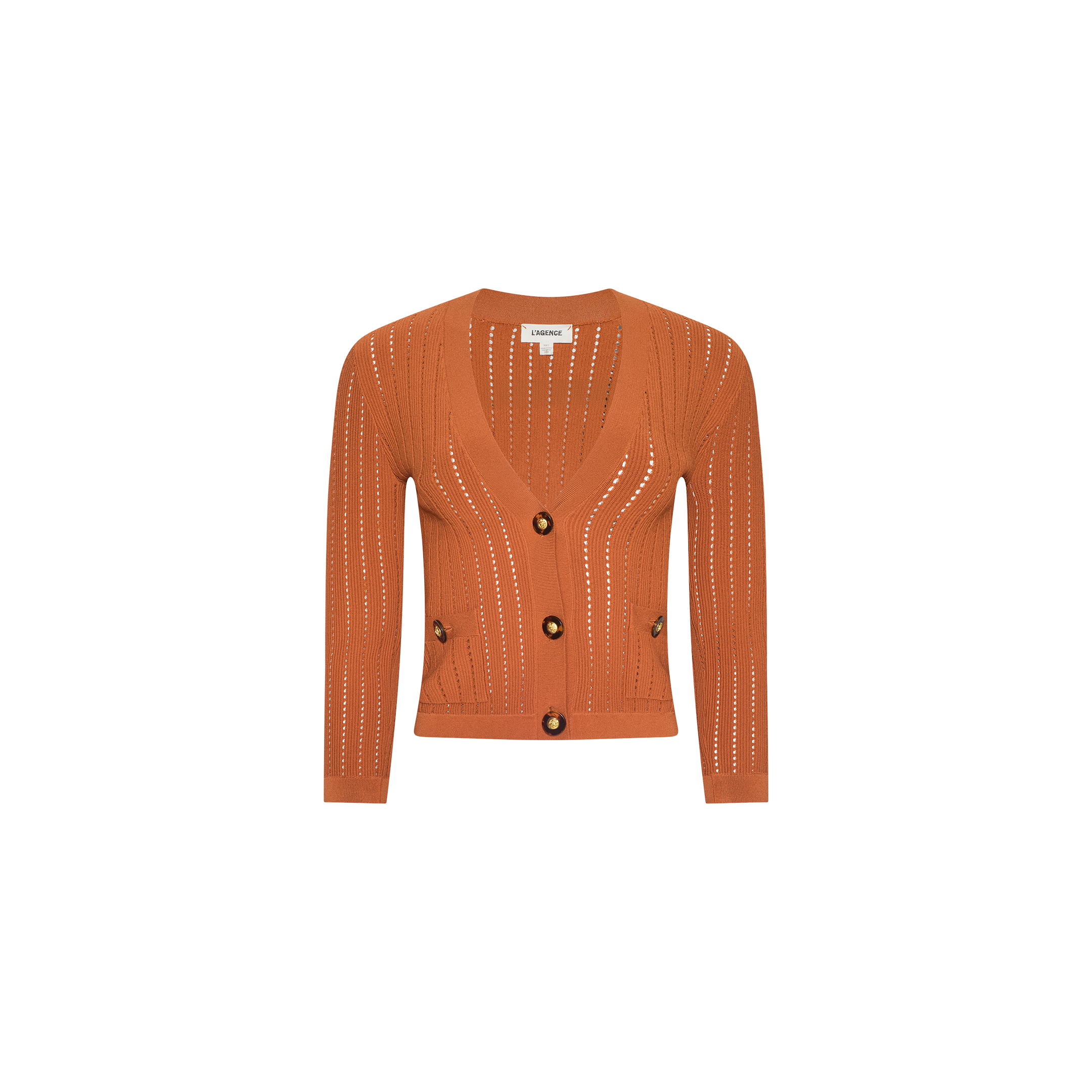 The Irvin Pointelle Knit Cardigan is a rust-orange, long-sleeve, V-neck cardigan featuring vertical eyelet details and three large buttons down the front, displayed on a plain white background. This lightweight transitional layer is perfect for any season.