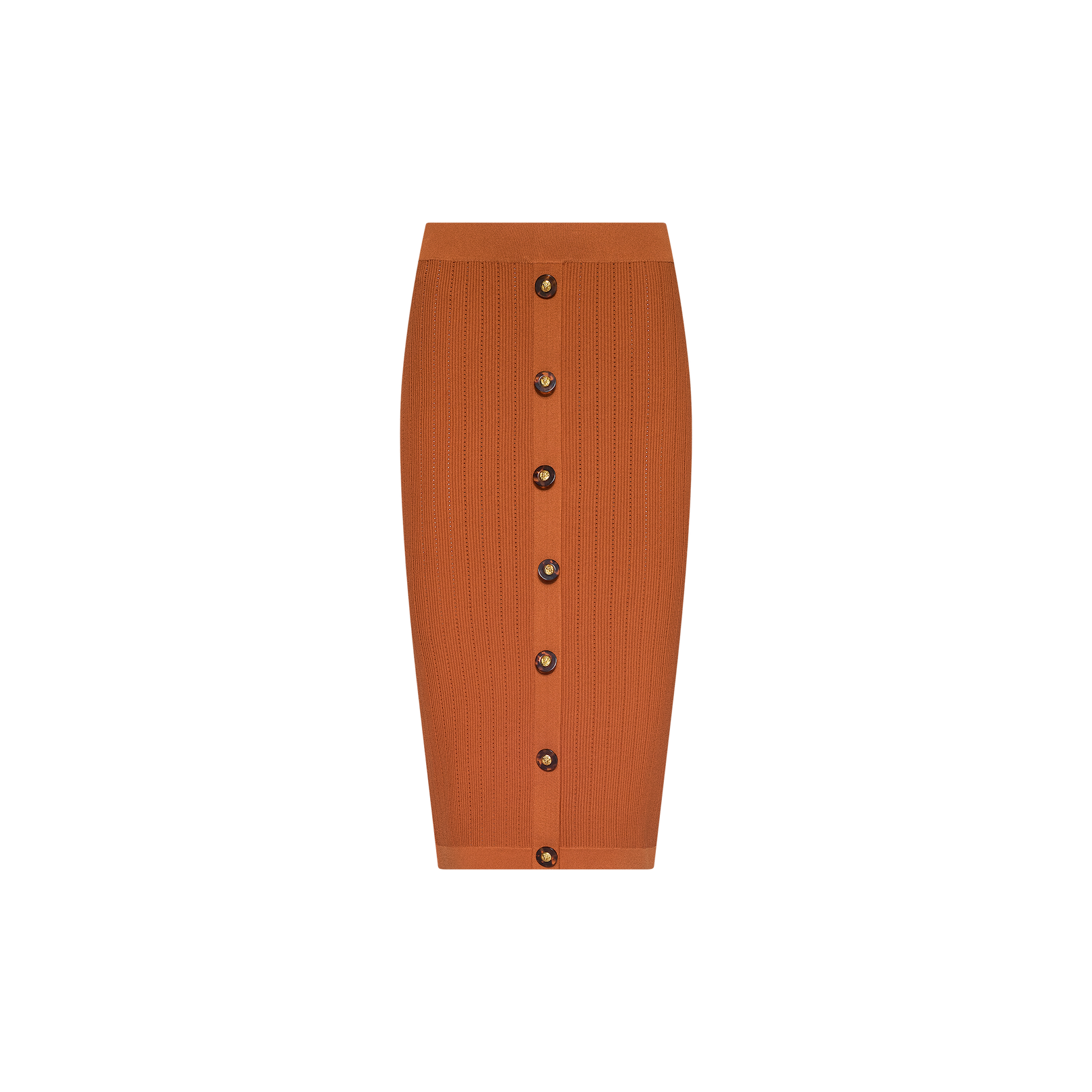 Introducing the Melania Pointelle Knit Skirt: a rust-orange, knee-length piece designed with vertical ribbing and a flattering, body-skimming fit. This skirt features a front row of black and gold buttons down the center and is displayed against a plain white background.