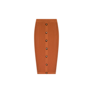 The Melania Pointelle Knit Skirt is a knee-length, burnt orange skirt with vertical ribbing and a front row of brown buttons, featuring an elastic waistband and pull-on style, displayed on a plain white background.