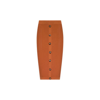 Introducing the Melania Pointelle Knit Skirt: a rust-orange, knee-length piece designed with vertical ribbing and a flattering, body-skimming fit. This skirt features a front row of black and gold buttons down the center and is displayed against a plain white background.