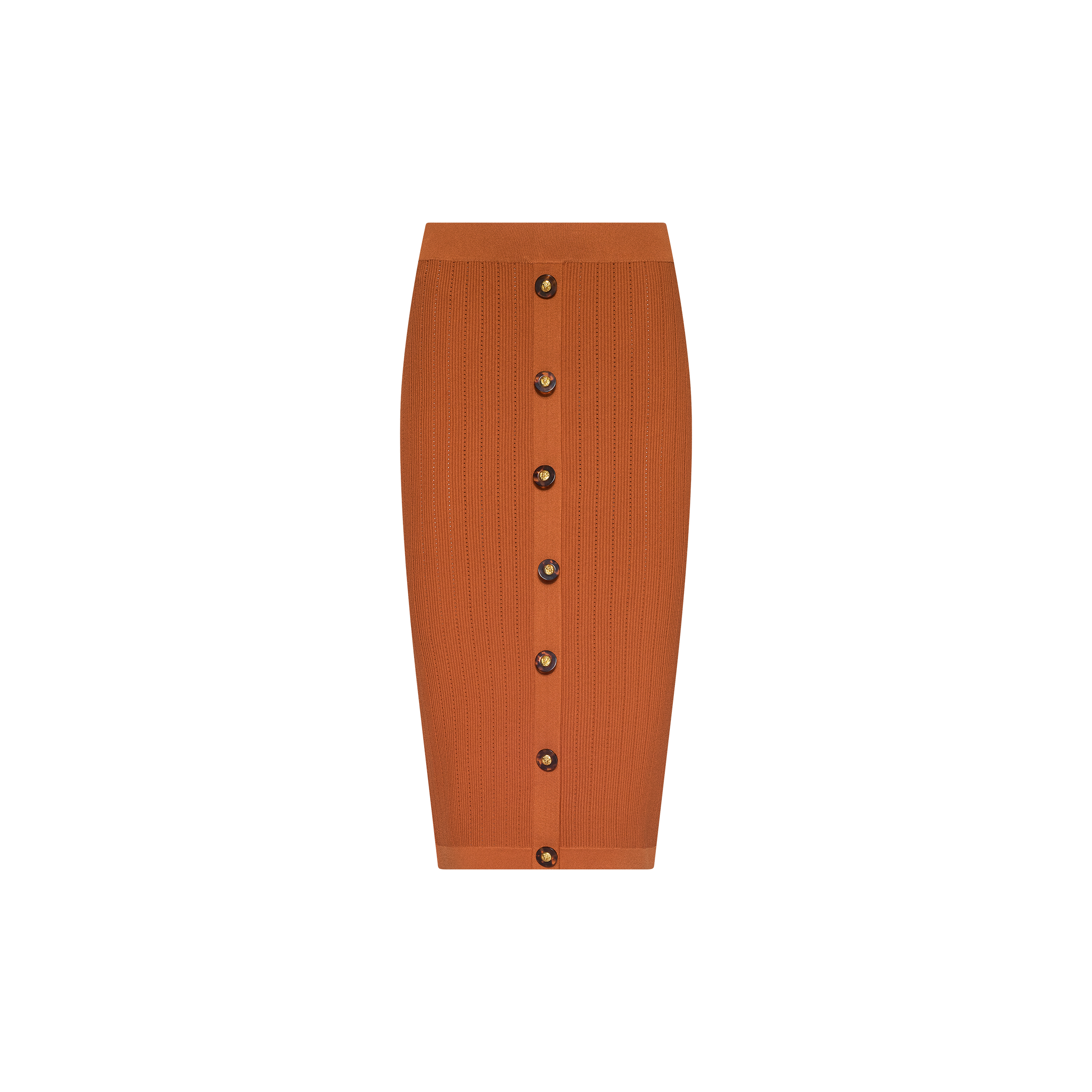 The Melania Pointelle Knit Skirt is a knee-length, burnt orange skirt with vertical ribbing and a front row of brown buttons, featuring an elastic waistband and pull-on style, displayed on a plain white background.