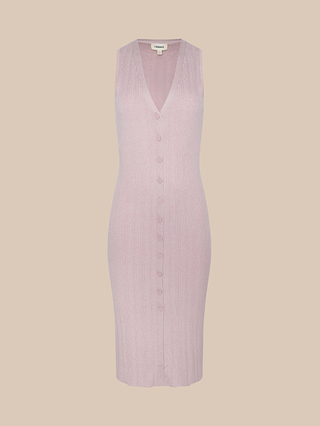 Introducing the Domino Dress: a sleeveless, knee-length light pink ribbed knit dress featuring a V-neckline and button-down front. This lightweight knit dress is showcased against a plain beige background.
