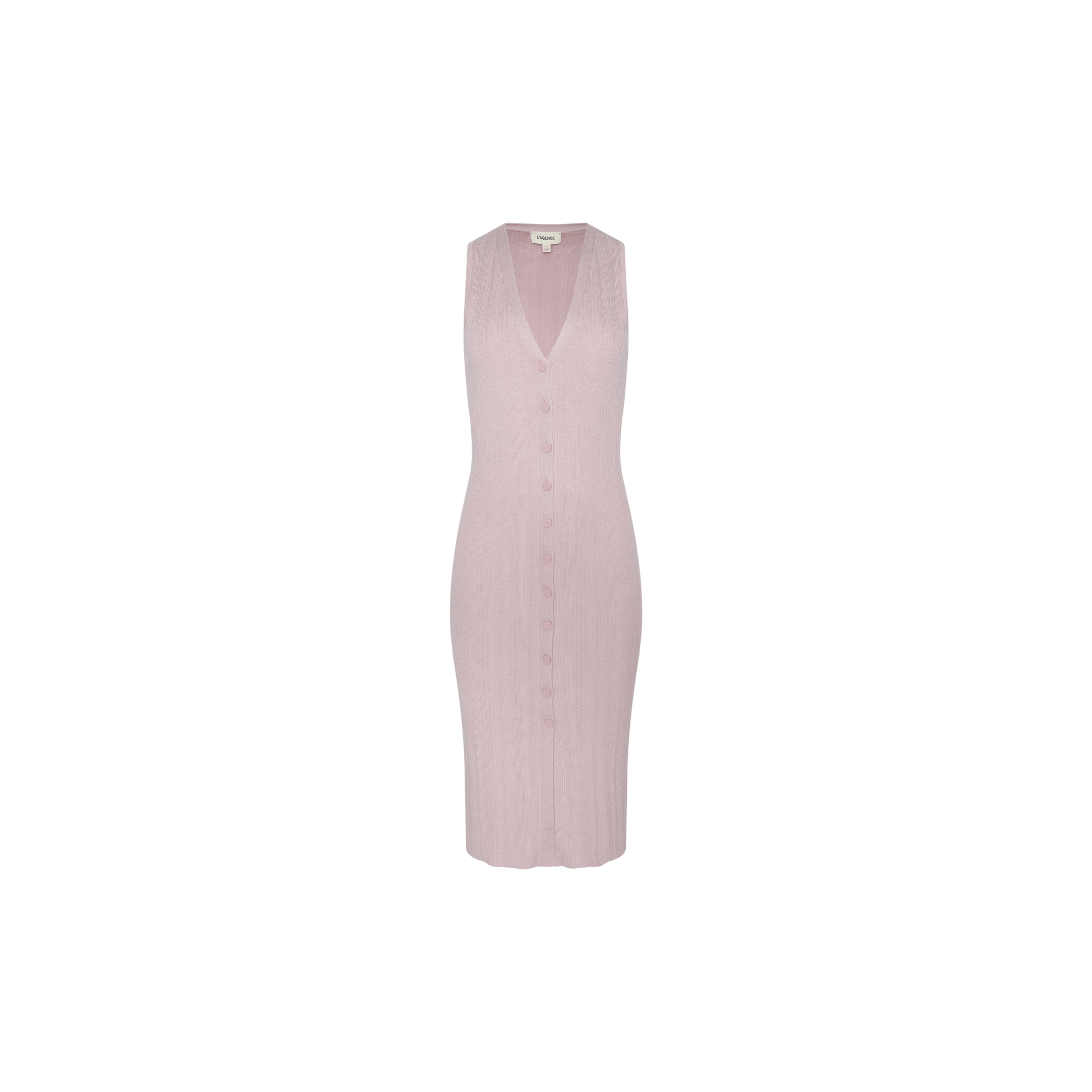 The Domino Dress is a sleeveless, light pink knee-length knit dress featuring a V-neckline and button details down the front. This elegant midi dress is perfect for any occasion and is displayed on a plain white background.