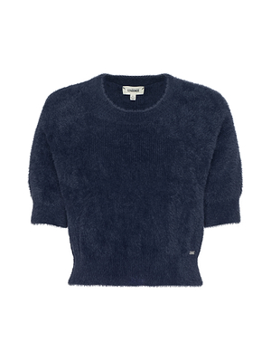 The L'AGENCE Guinevere Sweater is a dark blue, short-sleeved, soft knit crew neck with a slightly cropped, relaxed fit, shown on a white background.