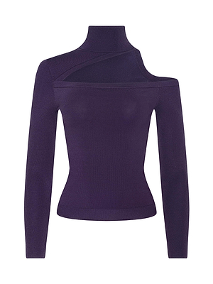 The Azia Cutout Knit Top by L'AGENCE is a fitted, dark purple power knit with long sleeves, an asymmetrical neckline, a bold shoulder cutout, and a chic high turtleneck collar.