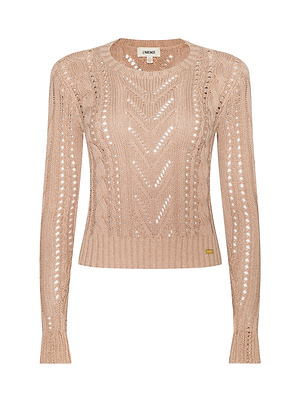The Mio Cabled Pullover is a beige crewneck sweater in a soft cotton-blend knit with chevron and cable patterns, long sleeves, ribbed cuffs and hem, round neckline, and a small metallic tag near the hem.