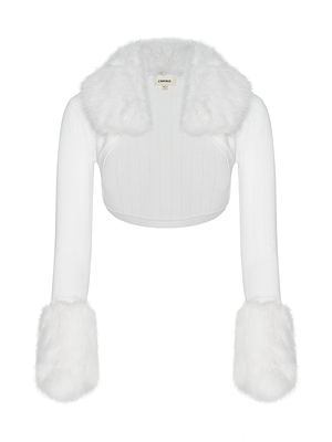 The Haru Faux Fur Shrug by L'AGENCE is an ivory cropped jacket with long sleeves, featuring removable faux fur trim on the collar and cuffs. Its textured, structured fabric channels old Hollywood glamour for a stylish look.