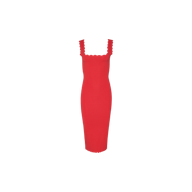 A sleeveless lipstick red Romona Knit Dress featuring a square neckline and scalloped edges along the straps, neckline, and hem, displayed on a plain white background.