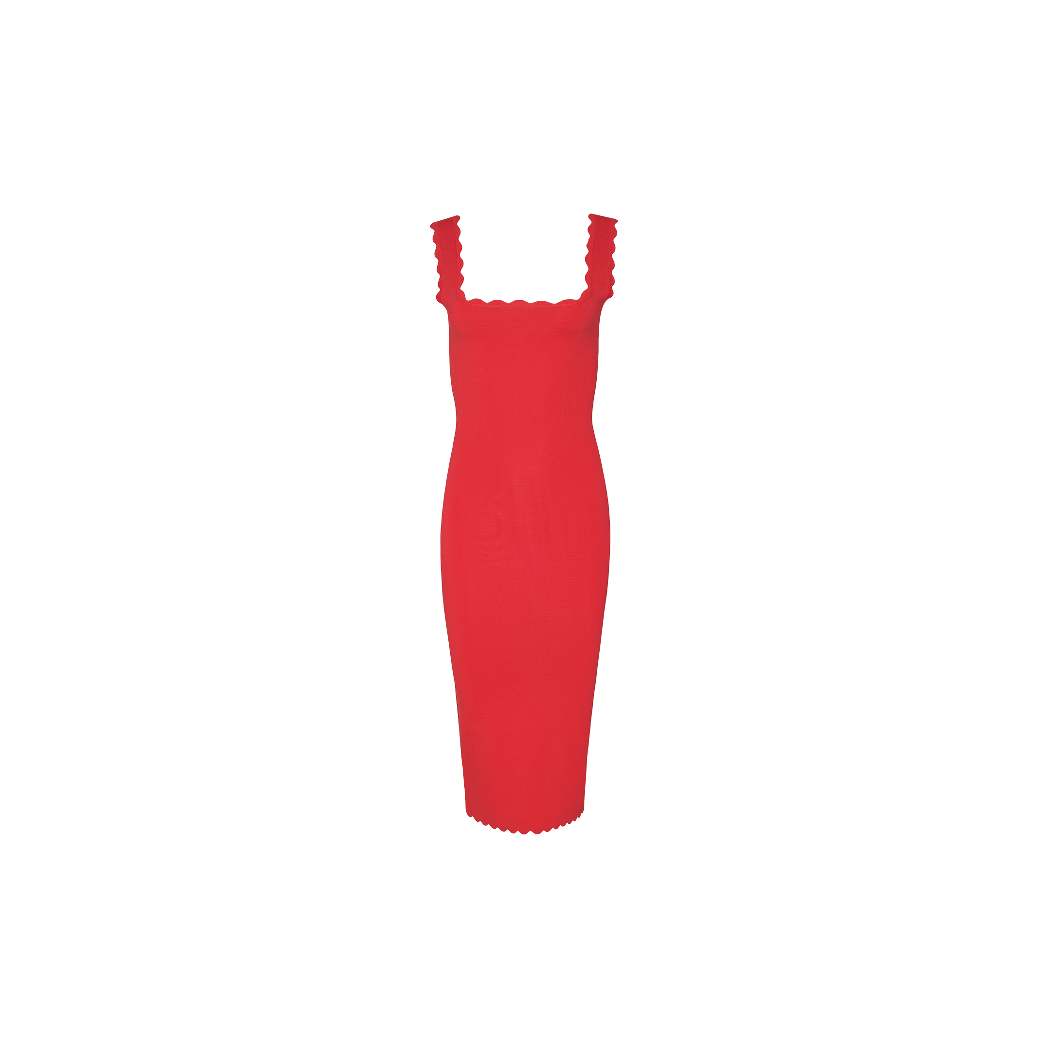 A sleeveless lipstick red Romona Knit Dress featuring a square neckline and scalloped edges along the straps, neckline, and hem, displayed on a plain white background.