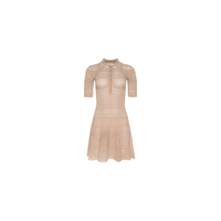 The Dakoa Knit Mini Dress is a short-sleeved, beige fit-and-flare dress with a fitted bodice, buttoned front, and collared neckline. It features lace-like patterns and detailing on its flared, knee-length skirt and a ribbed waist that accentuates the silhouette. The dress is displayed against a plain white background.