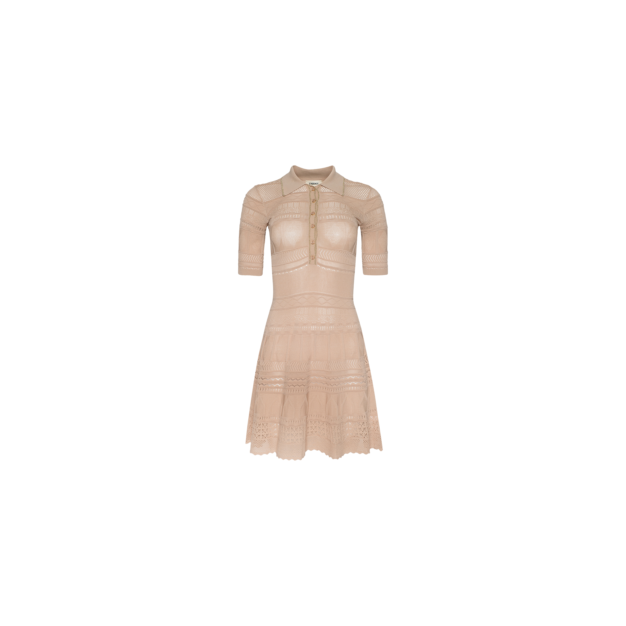 The Dakoa Knit Mini Dress is a short-sleeved, beige fit-and-flare style featuring a fitted bodice, button-up collar, and a flared, knee-length skirt adorned with intricate pointelle knit patterns and delicate detailing.