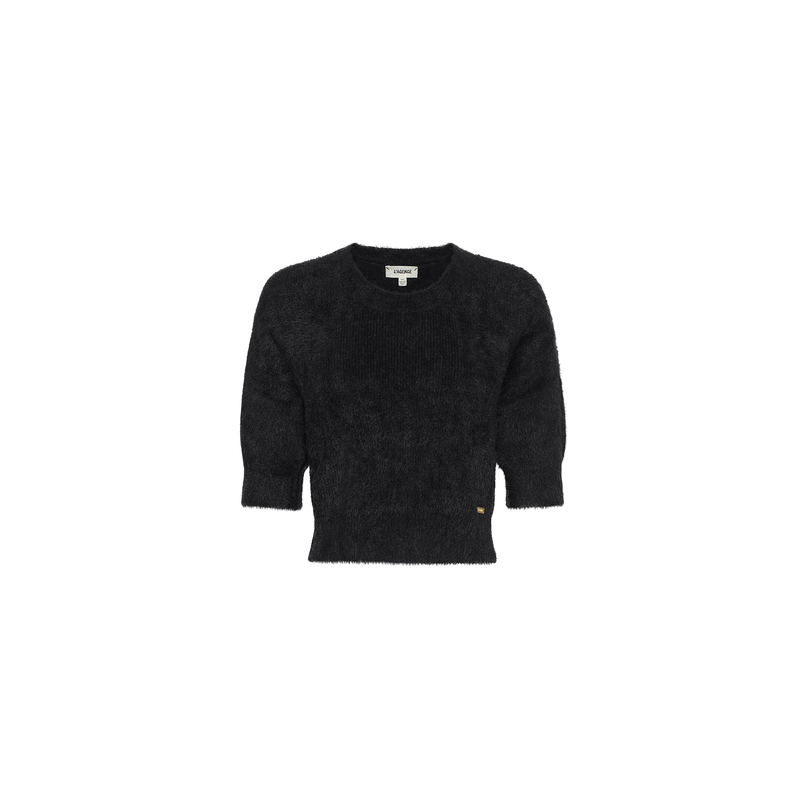 The Guinevere Cropped Pullover is a black, ultra-soft fuzzy knit crewneck sweater with short sleeves and a ribbed hem, featuring a cropped silhouette and shown against a plain white background.