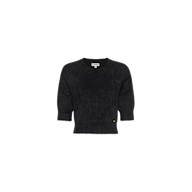 The Guinevere Cropped Pullover is a black, ultra-soft fuzzy knit crewneck sweater with short sleeves and a ribbed hem, featuring a cropped silhouette and shown against a plain white background.