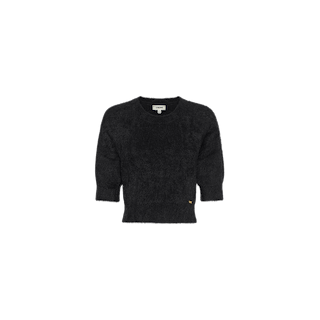 Introducing the Guinevere Cropped Pullover: an ultra-soft, black knit sweater featuring short sleeves and a timeless crew neckline, showcased against a plain white background.