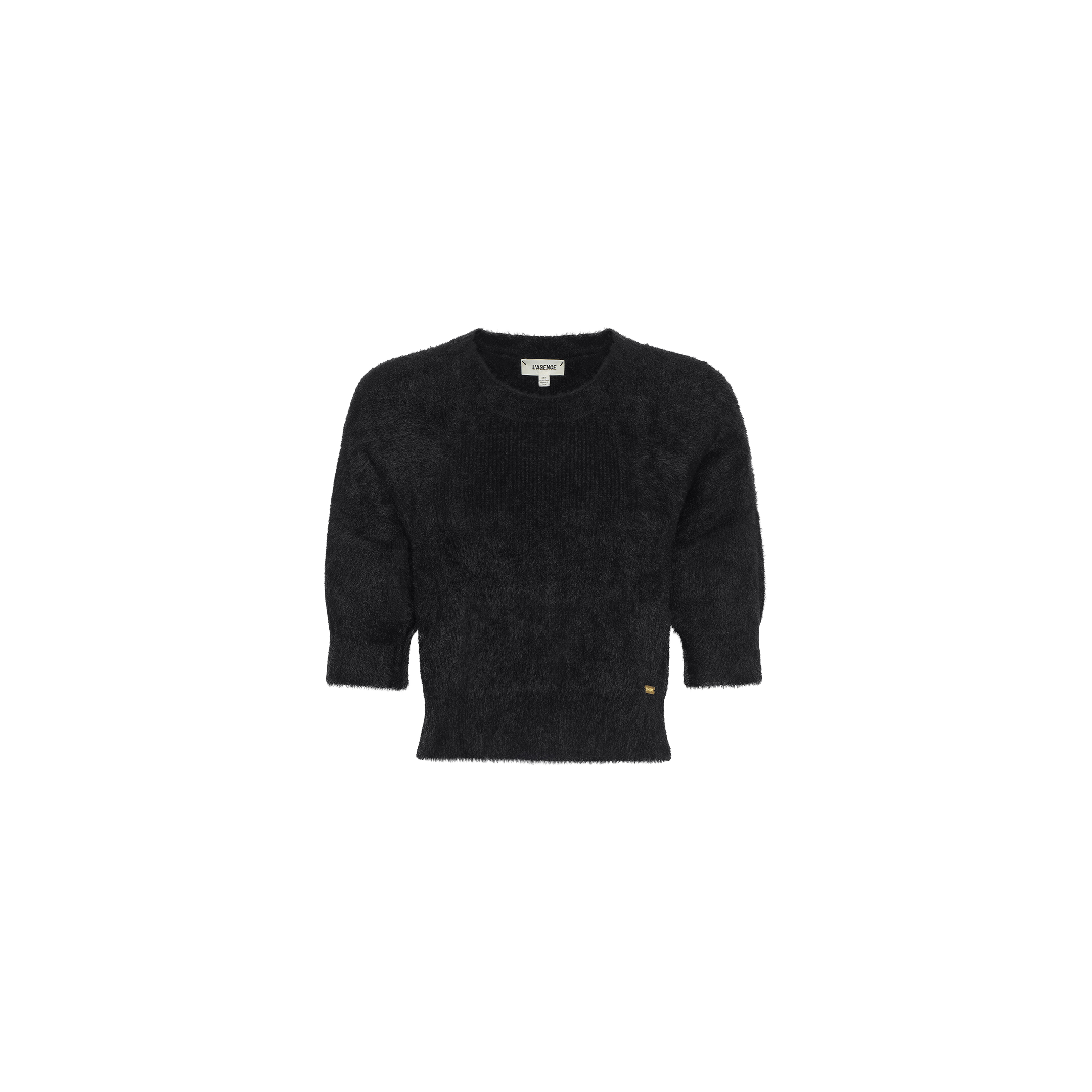 The Guinevere Cropped Pullover is a black, ultra-soft fuzzy knit crewneck sweater with short sleeves and a ribbed hem, featuring a cropped silhouette and shown against a plain white background.