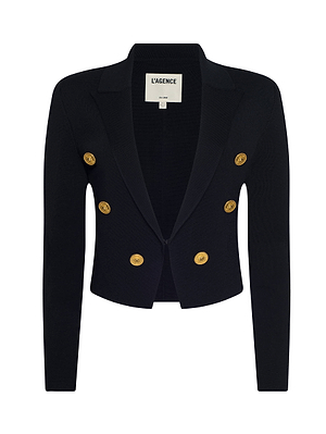 The Elio Cropped Knit Blazer by L’AGENCE is a black, cropped knit blazer with peaked lapels and six gold buttons arranged in two front rows.