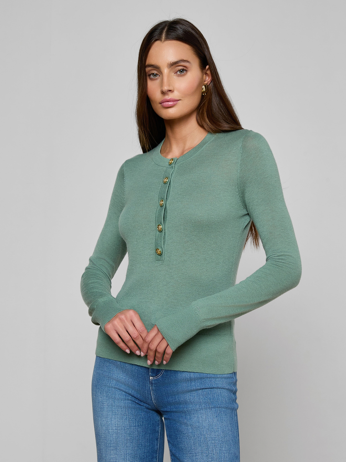Ronda Knit Henley Top in Jasper Green/Gold Lion | L'AGENCE