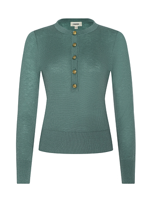 The Ronda Knit Henley Top is a lightweight, teal-green sweater with long sleeves, a round collar, a five-button placket on the chest, a fitted waist, and ribbed cuffs for added style.