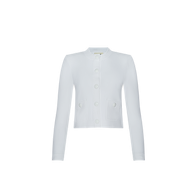 The Patsy Cropped Cardigan is a white, long-sleeve, button-up style with front patch pockets and a round neckline, finished with ribbed trims for a refined touch. Displayed on a plain white background.