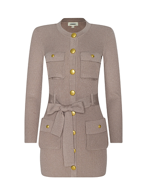 The Lore Cardigan is a taupe knit dress featuring long sleeves, a round neck, gold buttons, four front flap pockets, and a matching tie belt at the waist, shown against a white background.