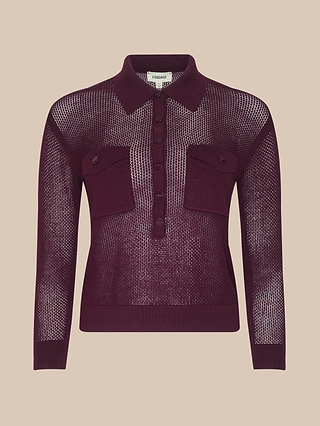 Sheer burgundy long-sleeve Carine Top, crafted from a lightweight knit with a collar, button placket, and two utility chest pockets, displayed on a beige background.