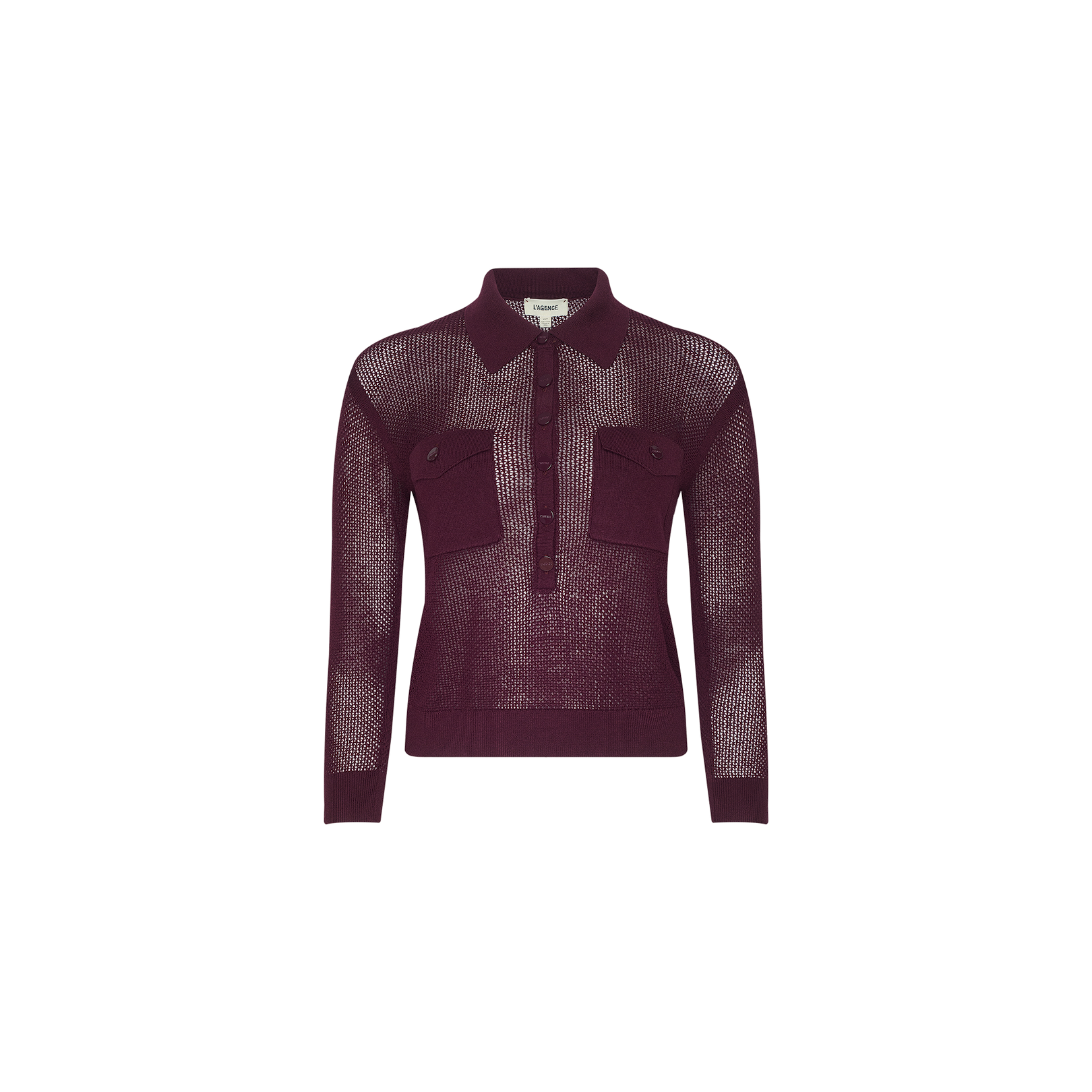 A burgundy Carine Top crafted from lightweight knit mesh features a collar, button placket, and two utility pockets on the chest, displayed on a plain white background.