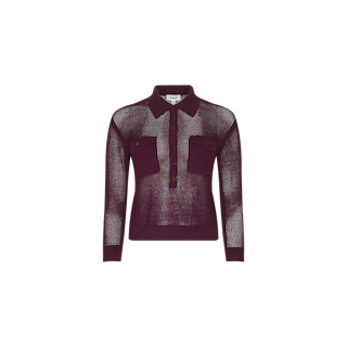 A long-sleeve, sheer burgundy Carine Top crafted from a lightweight knit with a collared neckline, front buttons, and two chest pockets, displayed on a plain white background.