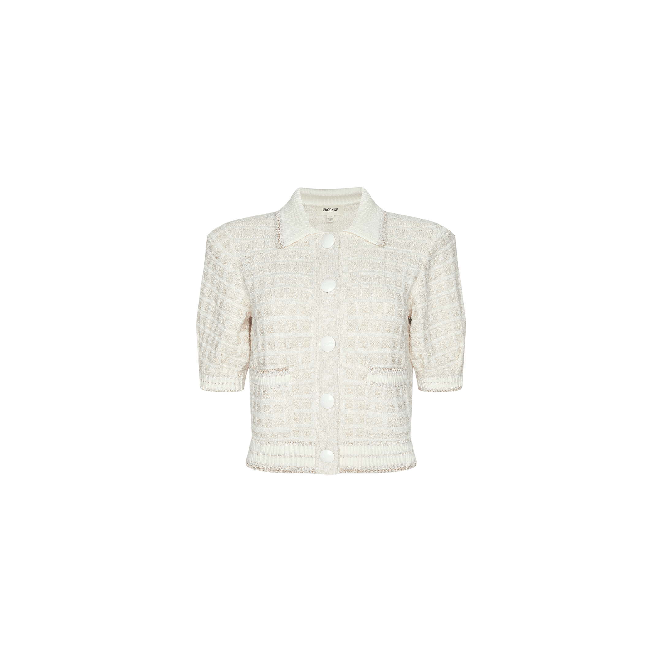 The Novalie Cardigan Top is a cream-colored, short-sleeve button-up textured cardigan featuring a grid pattern and a collar, displayed on a plain white background.